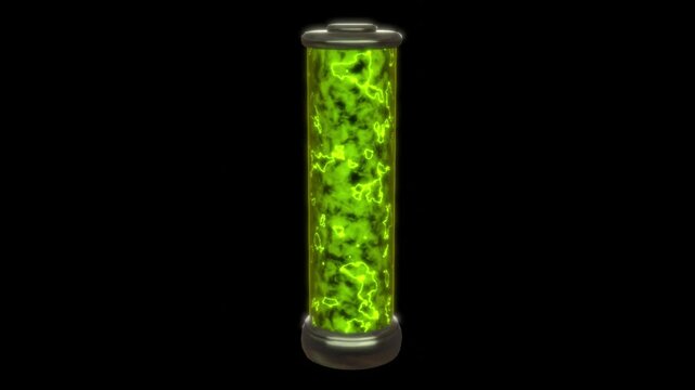 Microbial fuel cell. Glass tube with glowing plasma energy. Transparent container with glowing bacteria and microbes in moving liquid.  3d animation rendering.