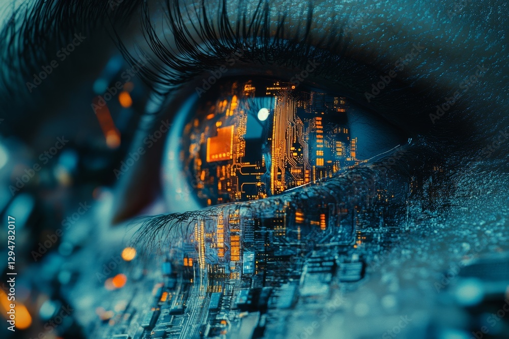 Poster the idea of artificial intelligence: pixels from computer code in a person's eye