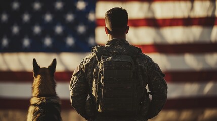 Soldier and his dog in front of an american flag. Military man in military uniform is german soldier. A flag shepherding veterans on a veterans day. A serviceman and his lifestyle canine u. s.