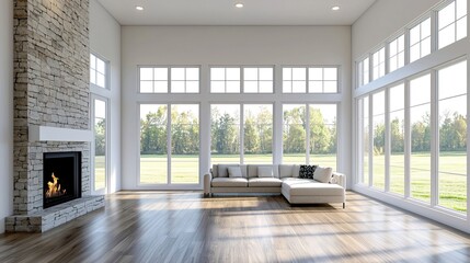 Fototapeta premium Bright Living Room with Stone Fireplace and Large Windows, A cozy room with a fireplace concept.