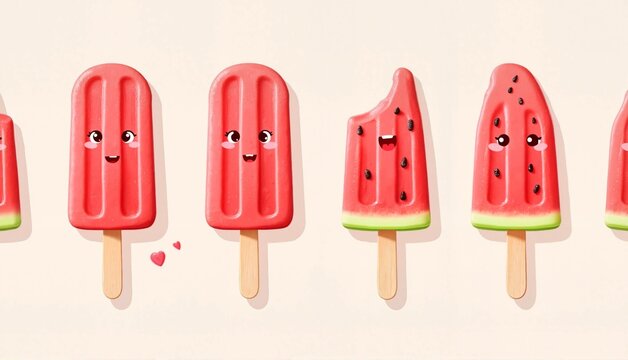 Cute watermelon popsicles with happy expressions on pastel background