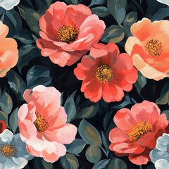 Hand-painting style floral seamless pattern. Stylish painted background with bright, colorful flowers. Abstract summer illustration. All-over design for print, home decor, tablecloth, wallpapers