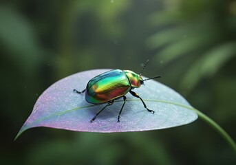 Naklejka premium Iridescent Beetle Resting on Leaf Shows Vibrant Nature Colors