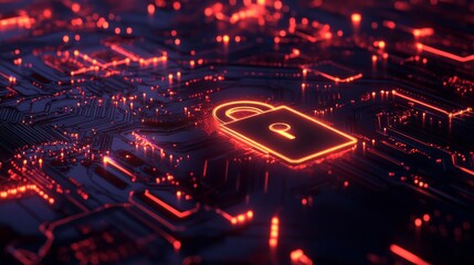 Obraz premium A digital lock symbol representing AI and artificial intelligence, set against a neon red glowing wireframe grid on a circuit board background, symbolizing futuristic technology, security