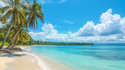 Fototapeta premium Idyllic tropical beach with white sand, turquoise ocean, and lush palm trees under a bright blue sky, perfect for vacations, relaxation, travel destinations, summer holidays, and coastal scenery