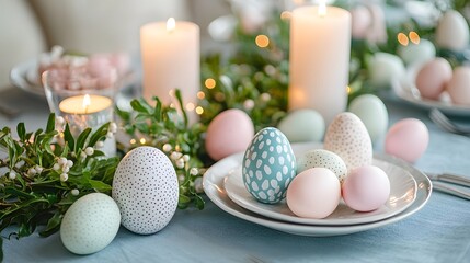 Elegant Easter table setting with pastel eggs and glowing candles. Generative AI