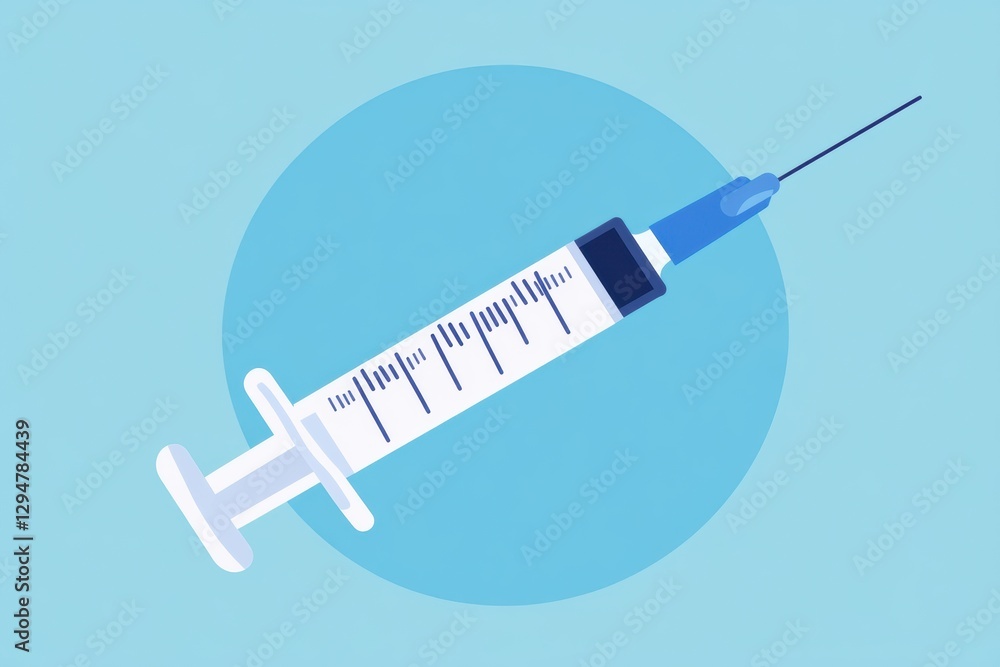 Poster syringe placed on a light blue background used in medical settings for injections and vaccinations. 