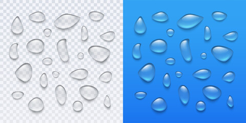 Water rain drop set isolated on transparent and blue backgrounds. Realistic condense droplets collection. Vector clear bubbles, gel elements or dew templates