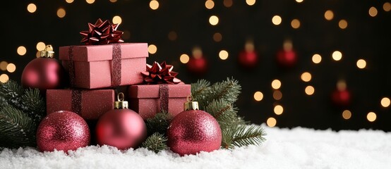 A Christmas scene with pink presents set against a snowy winter backdrop
