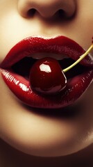 A close-up of glossy red lips holding a heart-shaped cherry, creating a bold and sensual image
