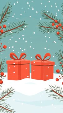 Fototapeta A joyful Christmas cartoon featuring yellow gifts amidst holiday decorations, set against a snowy winter forest with Christmas trees. Ideal as a New Year postcard background or phone wallpaper