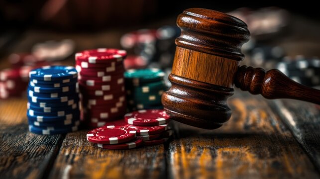 A judge's gavel rests on a table with stacks of poker chips, symbolizing the intersection of law and gambling