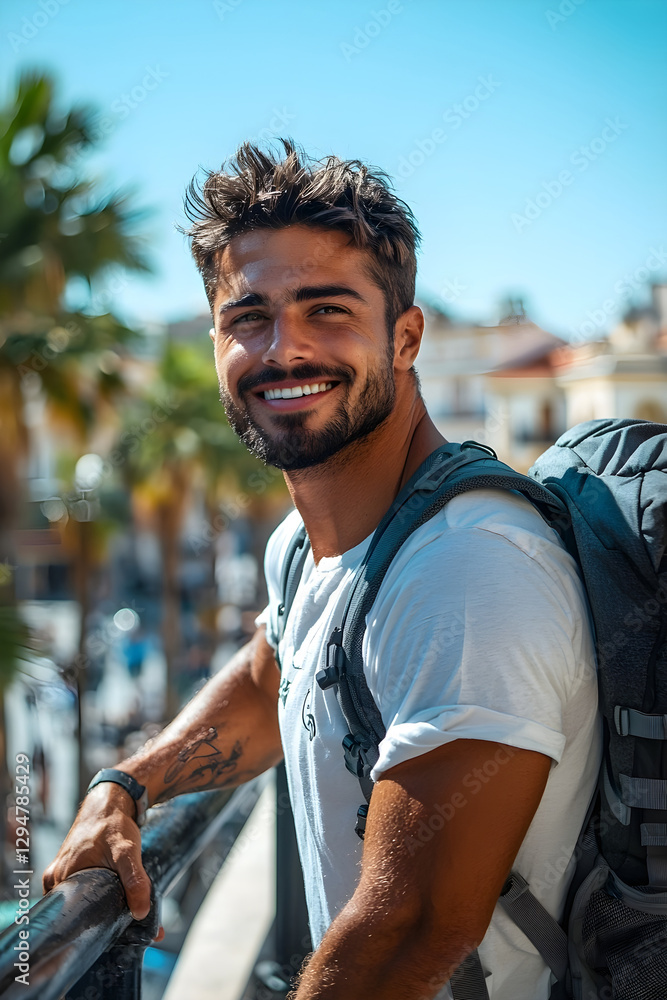 Poster tourist enjoys vacation while exploring a vibrant location with a backpack. generative ai