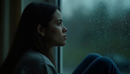 The woman gazes tensely out rainy window, lost in thought. AI image