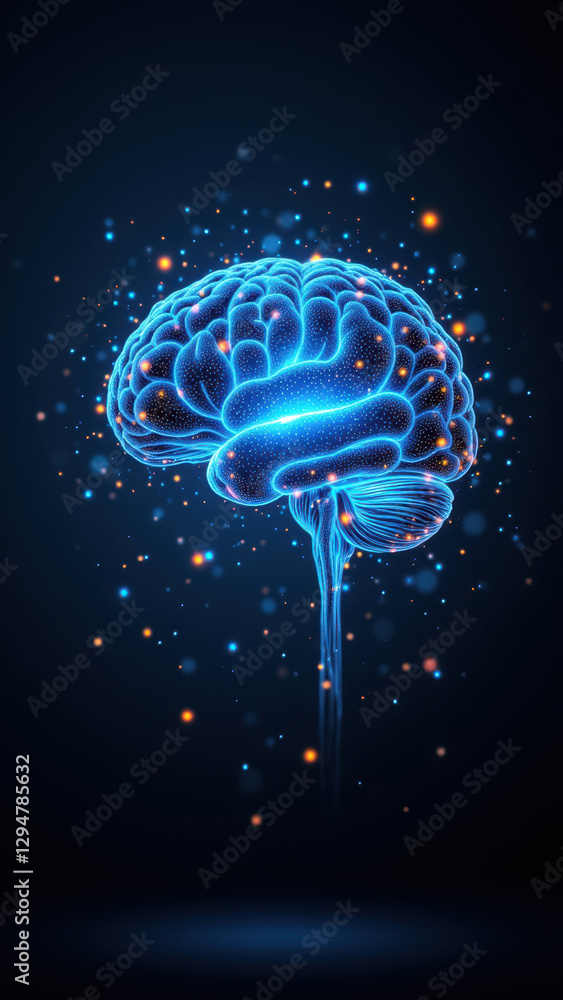 Poster a digital illustration featuring a human brain surrounded by abstract cosmic elements, symbolizing a