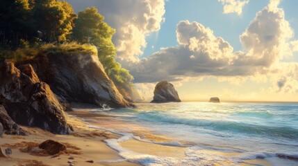 Obraz premium Serene Sunset Over Coastal Rocks and Sandy Beach