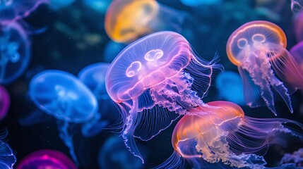 A group of Colorful jellyfishes floating in a coral reef with neon light, Nature background