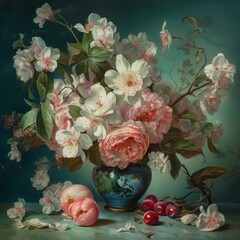 Fototapeta premium still life, bouquet of flowers, pink roses stand in a vase on the table. peaches lie near the vase