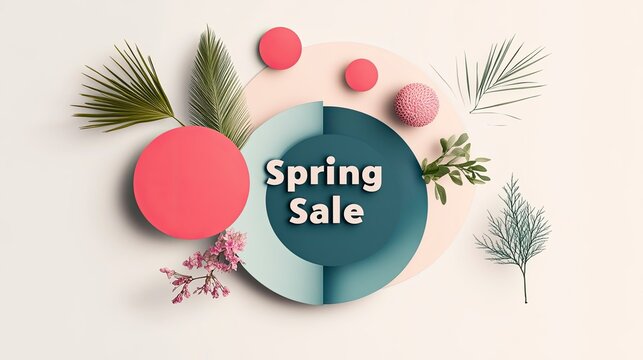 Eye-catching spring sale display combines colorful shapes and botanical motifs, inviting customers to explore seasonal discounts and new arrivals. Perfect for attracting attention