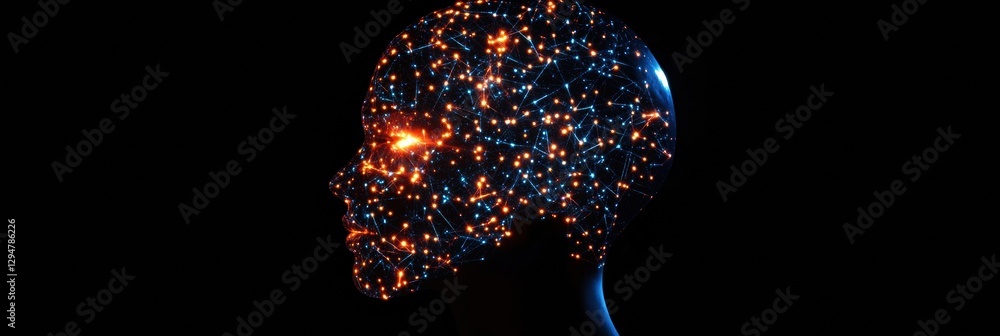 Poster human head silhouette illuminated by glowing ai nodes with cosmic cyberpunk fractal patterns in a da
