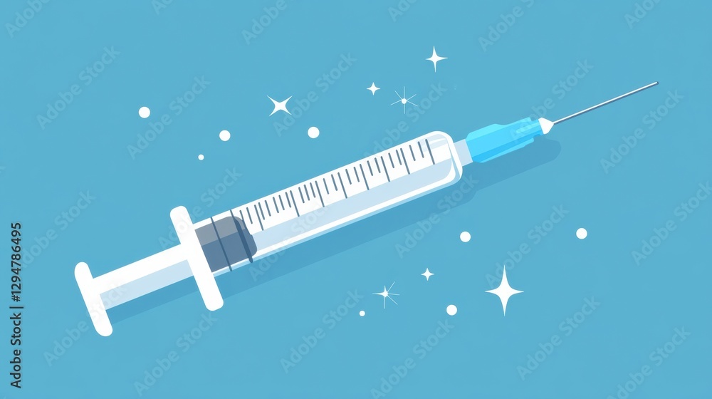 Poster Syringe with a blue tip lying on a light blue background surrounded by sparkling stars. Generative AI