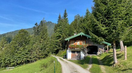 Almhütte im Eschelmoos, Alpen, Chiemgau, Bayern, Deutschland