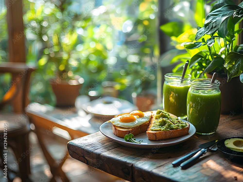 Poster rustic wooden table featuring avocado toast topped with eggs and green smoothies. generative ai.