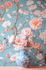 Peach-colored peonies in a blue and white porcelain vase, set against a floral backdrop.