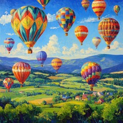 Obraz premium Colorful hot air balloons soar over a picturesque valley landscape. Lush green fields, rolling hills, and a vibrant blue sky with puffy white clouds create a scenic view.
