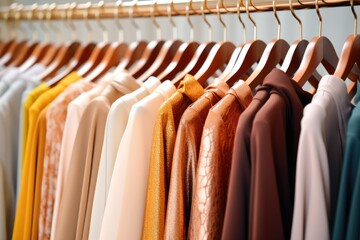 Wooden hangers with clothes on the rail in the store with women's clothing for sale. Shirt, dress, jacket, blouse. Flea market, second hand, discount, exchange, donation