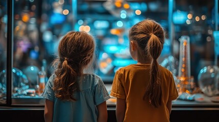 Obraz premium Two young caucasian girls observing science exhibit with wonder in museum setting