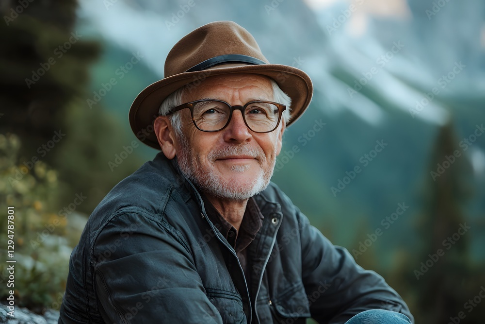 Poster senior man enjoys rest in mountains while on hiking adventure. generative ai
