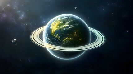 Stunning view of Earth surrounded by vibrant rings and distant celestial bodies in space