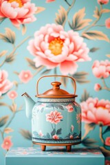 Floral teapot on a teal background. Pastel pinks and copper accents.