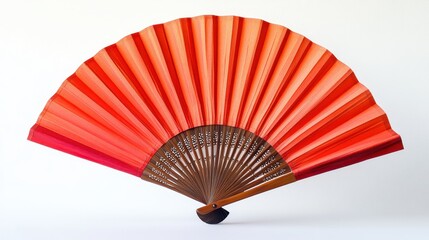 Vibrant red handheld folding fan with wooden structure on white background