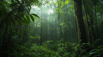 Obraz premium Lush Green Rainforest Sunlight Through Canopy