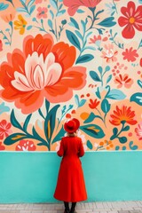 Fototapeta premium Woman in red coat admires a vibrant floral mural.