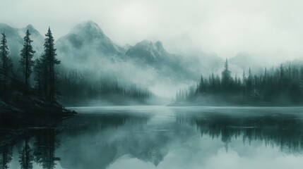 Fototapeta premium Serene misty mountain lake landscape with evergreen forest reflections