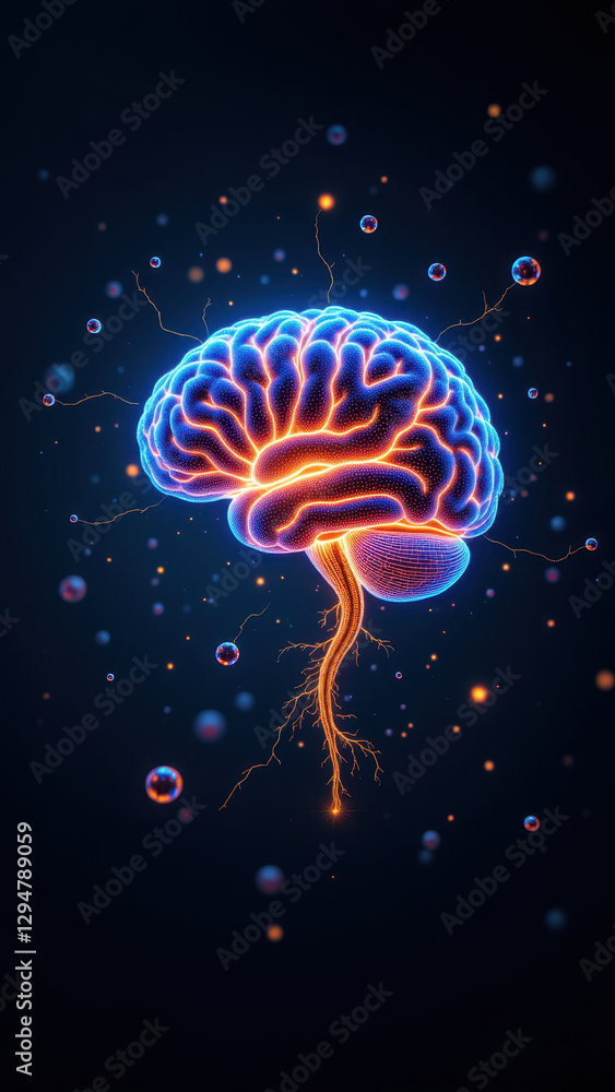 Poster illustration showing an artificial brain with roots growing into a complex digital network, symboliz