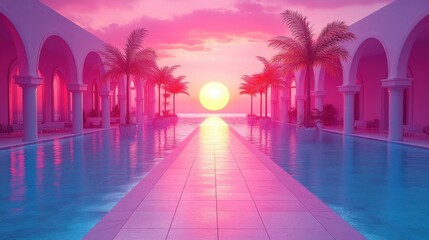 Magical Sunset Over Pool with Palm Trees and Reflections in Water