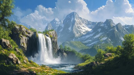 Majestic Waterfall Cascading Down Rocky Cliffs Amidst Snow Capped Mountains