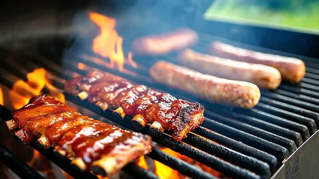Slow-smoked ribs coated in sticky barbecue sauce, grilled chicken thighs, and juicy sausages cook to perfection on a rustic backyard grill. Flames dance beneath the grates.