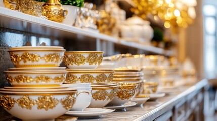 Gold-trimmed porcelain tableware display
