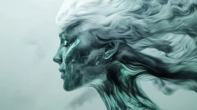 A digital art piece featuring a woman's face with a green and white color scheme. - Powered by Adobe