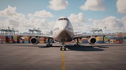 Large Cargo Plane at Dock with Shipping Containers in Background, Cargo shipping drives global trade concept.