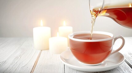 Tranquil Evening Setting with Cup of Hot Drink and Candles, Hot drink fills the cup concept.