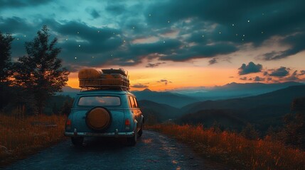 Vintage car on scenic mountain road at sunset with starry sky and distant mountains