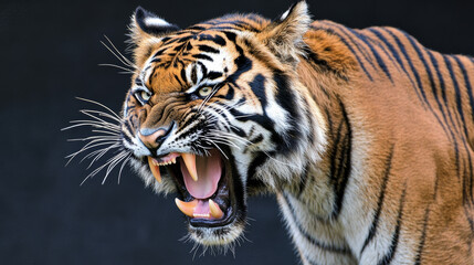 Majestic Bengal tiger portrait with intense gaze, sharp details, and distinctive striped fur against a dark background, ideal for wildlife conservation and nature-focused designs.







