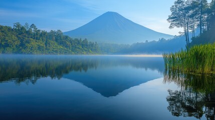 Serene morning lake reflection of majestic misty mountain landscape