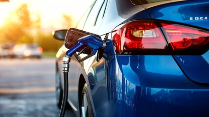 A driver refuels a sleek blue car at a modern gas station, carefully inserting the diesel nozzle. The fueling process ensures engine readiness and smooth vehicle performance.